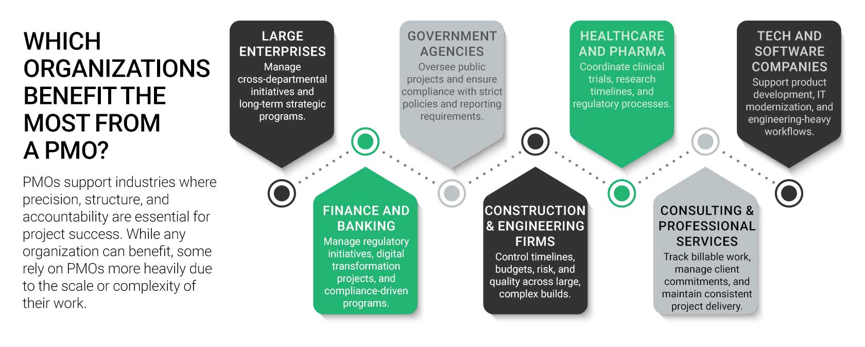 Infographic showing industries that benefit from a PMO, including enterprises, government, healthcare, finance, construction, tech, and consulting.