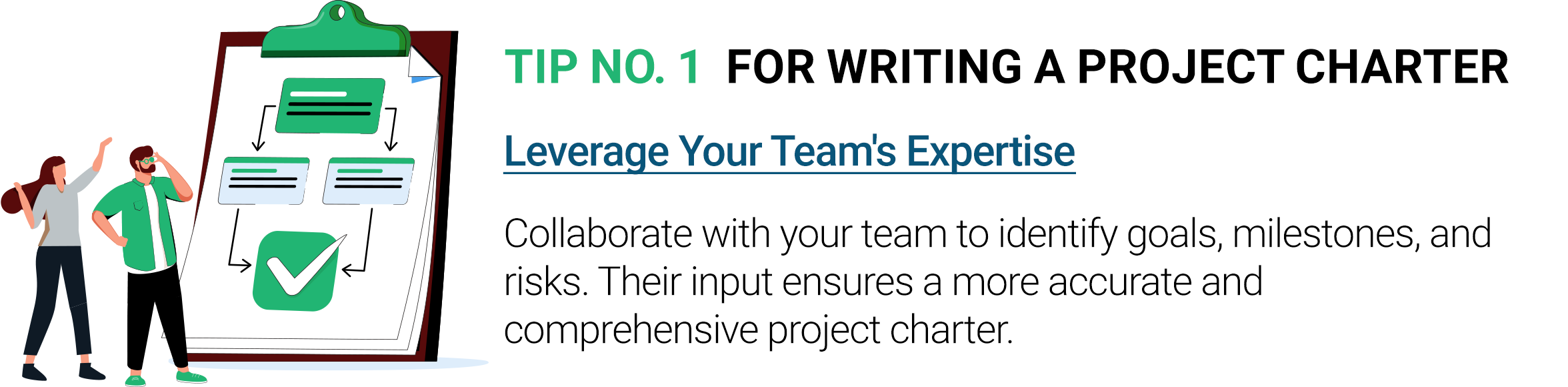 Tip for writing a Project Charter: Collaborate with your team to identify goals, milestones, and risks for a comprehensive charter.